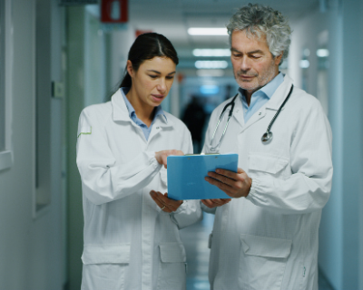 Photo of two doctors in white lab coats going over a document in hallway of a hospital